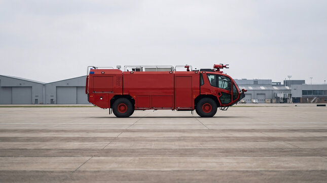 A side view of a modern airport fire truck parked on an airfield tarmac at an international airport, designed for rapid emergency response operations