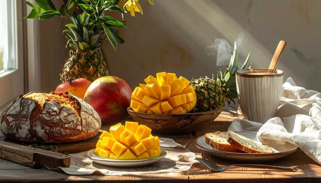 Tropical Fruit and Bread Still Life on Wooden Table.