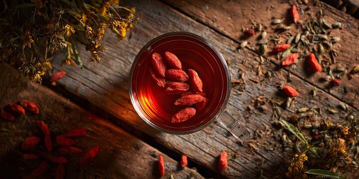 Glass cup of red goji berry tea on rustic wooden surface with dried herbs