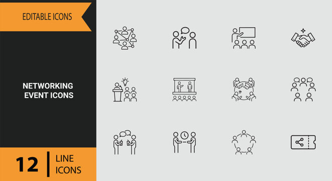 Networking Event Outline Icons Set for Trade Shows Business Conferences and Professional Meetup Seminars