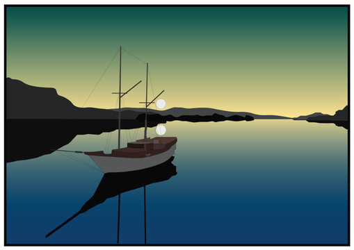 This is wall art fetures a minimalist sailboat gliding pas dramatic, silhouette cliff under a glowing twilight sky.