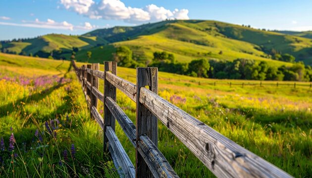 Rustic Wooden Fence in Rolling Green Hills Landscape.