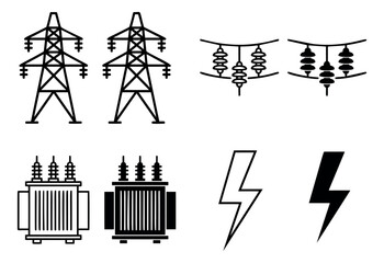 Fototapeta premium Outline and silhouette icon set of 8 electrical power grid symbols featuring transmission towers, insulators, transformers and lightning bolts for energy industry design