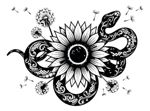 Decorative woodcut illustration of two ornate snakes entwining a sunflower with dandelions depicting mystical nature symbolism for tattoo and boho design