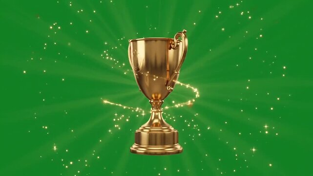 Golden trophy cup forming from swirling particles on green background