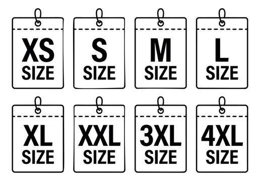 Outline icon set of 8 clothing size labels featuring XS S M L XL XXL 3XL and 4XL tags for fashion and retail design