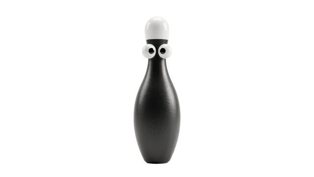 Single black bowling pin with googly eyes and a white section isolated on a transparent background