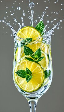 high speed citrus splash featuring lime wedges and mint leaves colliding with crystal clear sparkling water, elegant transparent splash with suspended droplets, isolated on white background