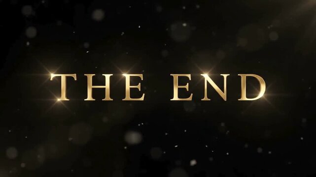 Rack Focus Sharpens Metallic Gold The End Serif Title With Twinkling Flares.