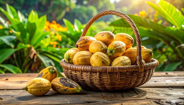 Fresh Peaches in Wicker Basket on Wooden Table.