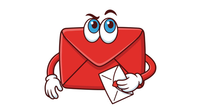 Red envelope cartoon character holding a letter, cute mail mascot vector illustration, funny post office delivery icon