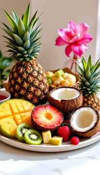premium tropical breakfast composition featuring dragon fruit, kiwi, mango, coconut and pineapple beautifully arranged beside tropical leaves, bright natural daylight