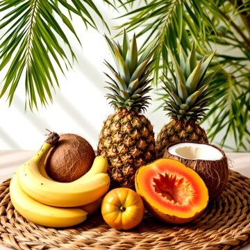 ultra realistic island fruit composition featuring fresh bananas, coconuts, papaya and pineapple placed naturally on woven rattan with palm leaves casting delicate shadows, warm tropical sunlight