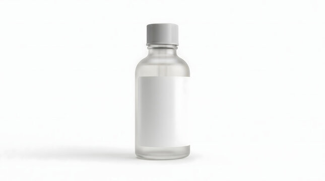 Frosted glass bottle mockup with blank white label. Cosmetic serum container on white background. Minimalist medicine vial for branding.