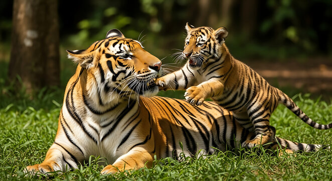 Three tigers resting together in grassy field