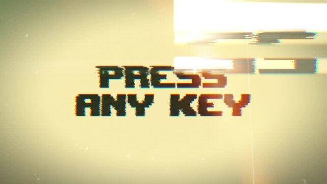 Press Any Key Retro Glitch Typography Animation with Vintage VHS Effects. Cinematic Computer Interface Text with Analog Distortion and Film Grain.