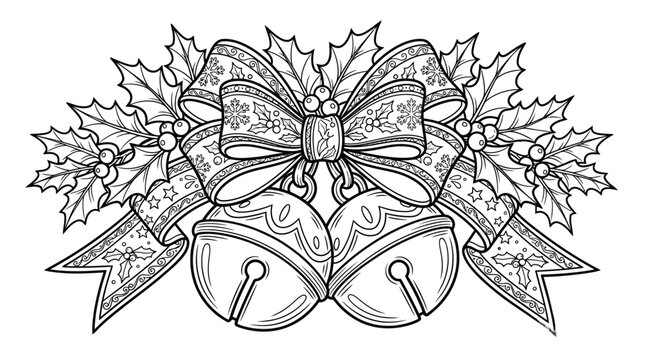 Christmas bells with holiday ribbon coloring page vector illustration