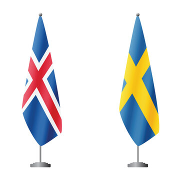Iceland and Sweden flags on flagpoles for official ceremonies and meetings, transparent background vector