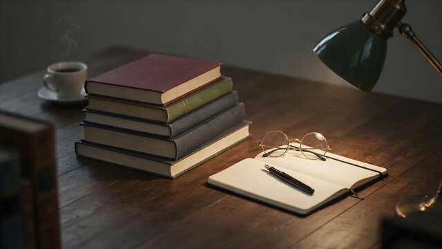 Dark wood desk with stack of blank textbooks glasses and desk lamp &ndash; Perfect for higher education advertising, exam preparation, or literary blog headers.