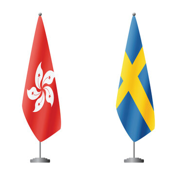Hong Kong and Sweden flags on flagpoles for official ceremonies and meetings, transparent background vector