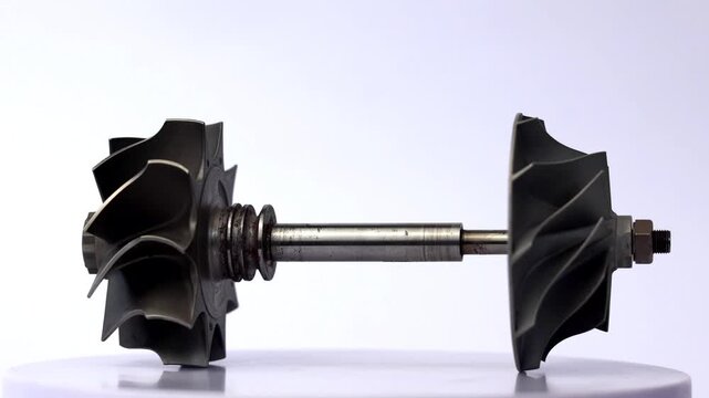 Automotive turbocharger turbine wheel shaft and compressor impeller assembly on rotating display.