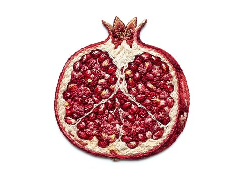 Ripe pomegranate cut in half showing vibrant red arils and white pith