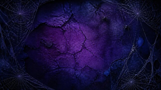 Spooky halloween background featuring spiderwebs and small spiders against textured dark purple and blue wall.