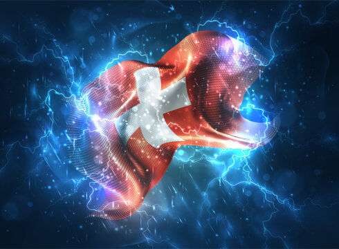 Switzerland, vector 3d flag thunderstorm with lightning and rain
