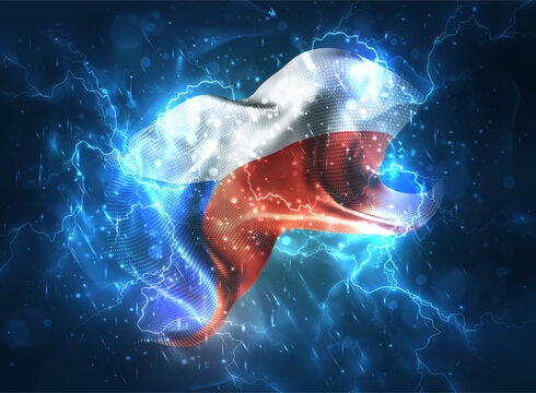 Czech Republic, vector 3d flag thunderstorm with lightning and rain