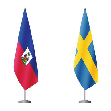 Haiti and Sweden flags on flagpoles for official ceremonies and meetings, transparent background vector