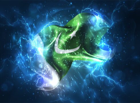 Pakistan, vector 3d flag thunderstorm with lightning and rain