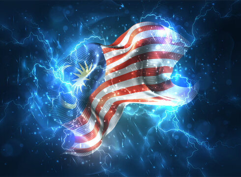 Malaysia, vector 3d flag thunderstorm with lightning and rain