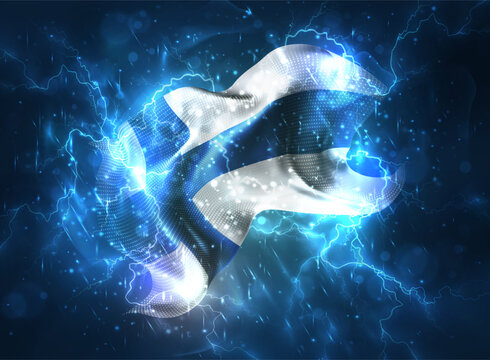 Finland, vector 3d flag thunderstorm with lightning and rain