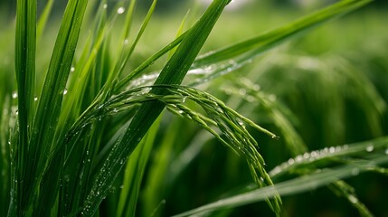 Fototapeta premium Fresh green rice plants with dew drops glistening in soft natural light capturing vibrant seasonal foliage and tranquil agricultural beauty