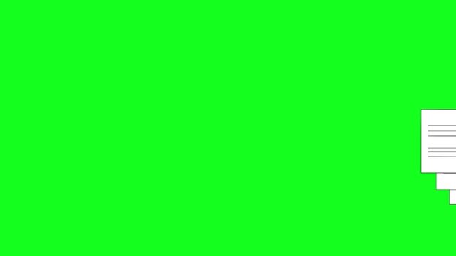 Dynamic stack of white document pages on a vivid green chroma key background, perfect for compositing digital information, business presentations, or educational content overlay