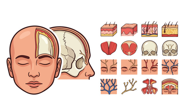 Human head anatomy vector set, skull and skin layers diagram icons, medical education illustration of facial muscles and blood vessels