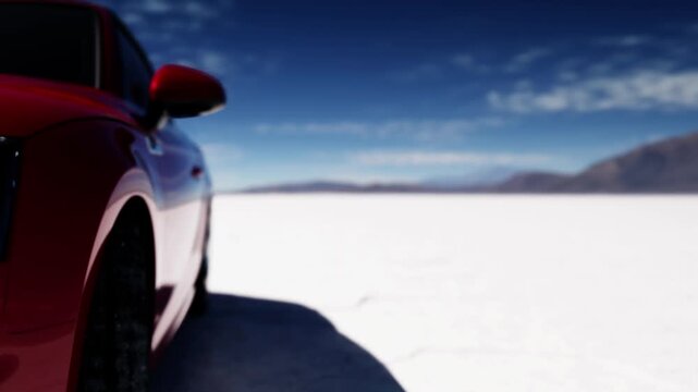 A red car is parked on a vast salt flat during the day. The flat stretches out with a bright white surface. Mountains are visible in the distance under a clear sky.