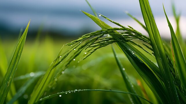 Fresh green rice plants with dew drops glistening under soft natural light in a lush field