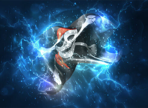 Pirate, vector 3d flag thunderstorm with lightning and rain