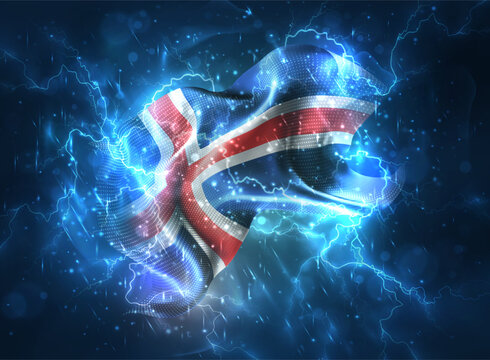 Iceland, vector 3d flag thunderstorm with lightning and rain