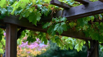 Obraz premium Vibrant green grapevines gracefully climb and drape over a rustic wooden arbor with soft blurred background foliage
