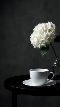 White hydrangea flower in glass vase with empty coffee cup on black