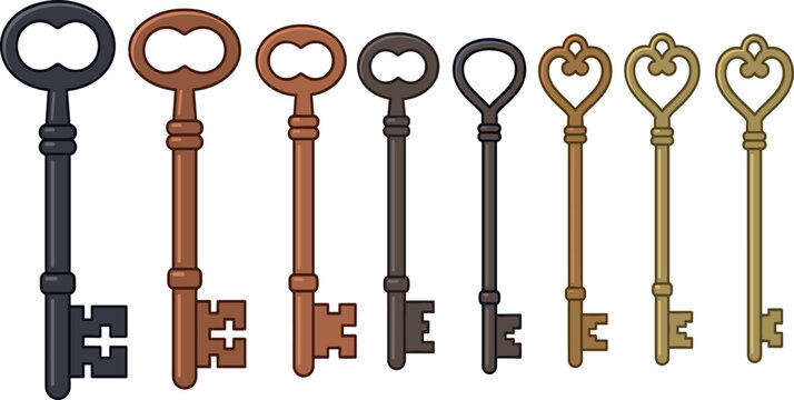 Vintage antique skeleton keys vector collection set with metal brass copper and heart shapes