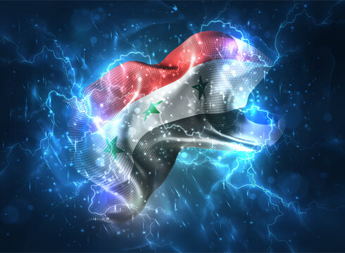 Syria, vector 3d flag thunderstorm with lightning and rain