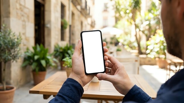 Man holding smartphone with blank white screen outdoors in urban