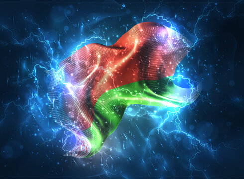 Belarus, vector 3d flag thunderstorm with lightning and rain