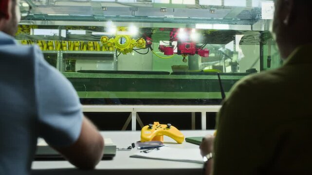 Engineers seen from rear view testing underwater robotic prototypes in laboratory tank. Video is ideal for marine technology and robotics marketing