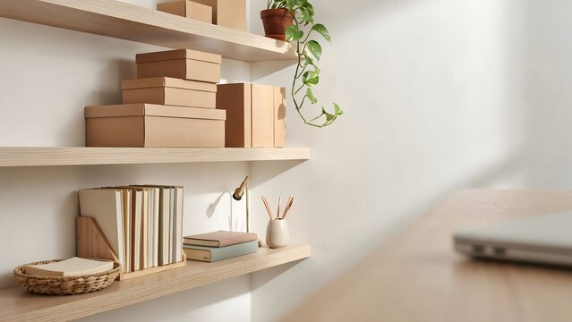 Floating shelves in student room with organized storage boxes and folders &ndash; Suitable for dorm room organization, home study space design, or back-to-school storage.