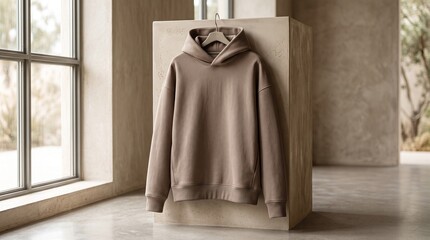 Naklejka premium Minimalist beige hoodie mockup on hanger, blank oversized sweatshirt in stone interior, neutral apparel template for streetwear branding