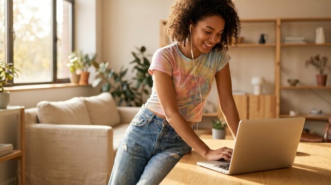 Young woman using laptop in bright living room, smiling while working at home beside wooden table, sofa, window, houseplant, and shelving, creating relaxed productive atmosphere